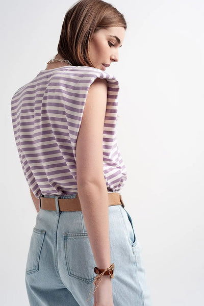 sleeveless t-shirt with shoulder pad in purple stripe - Tops