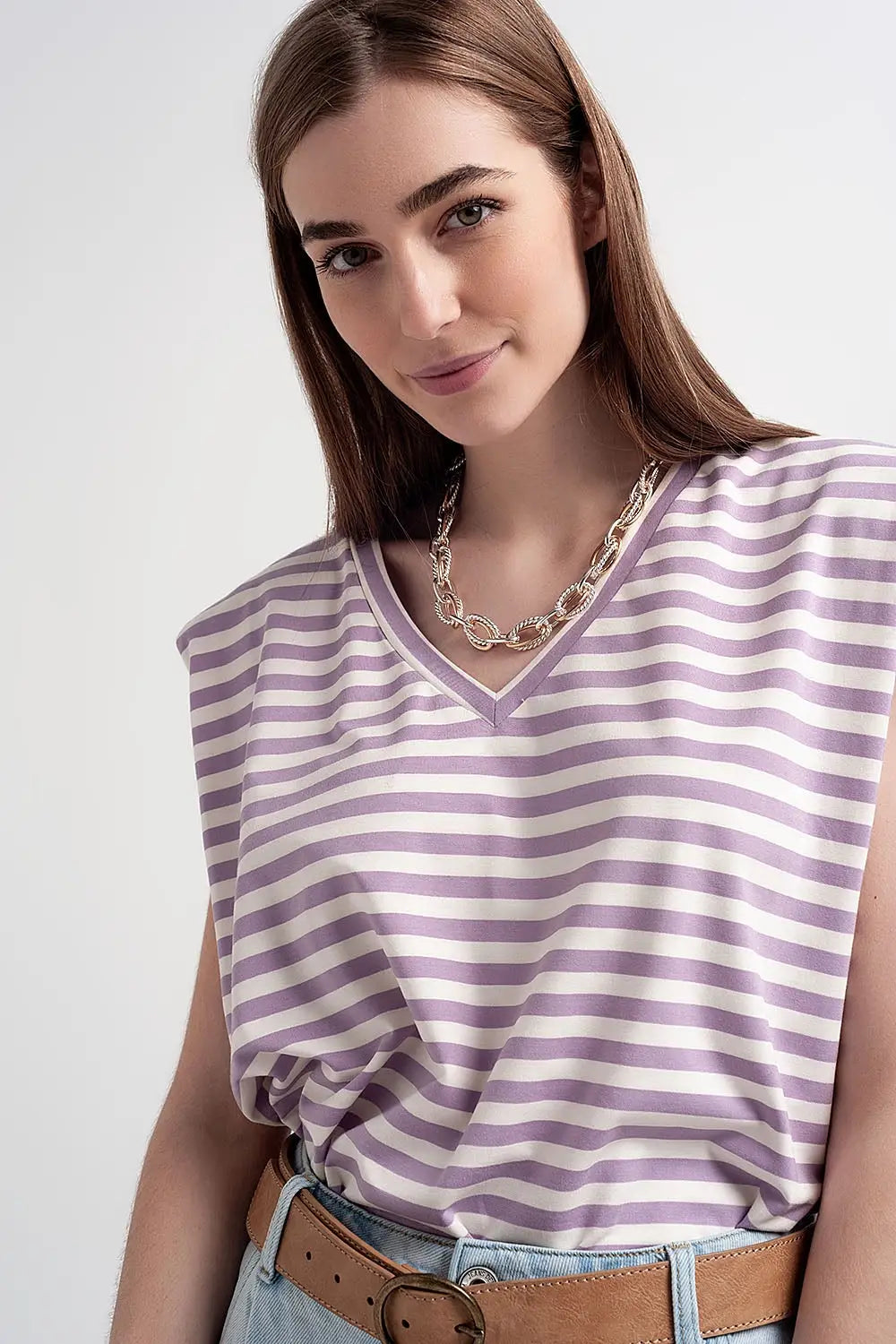 sleeveless t-shirt with shoulder pad in purple stripe - Tops