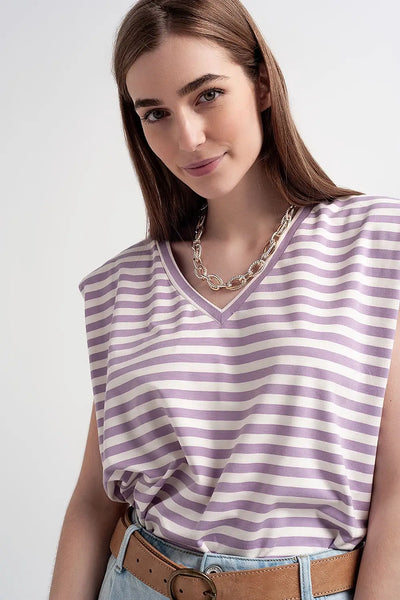 sleeveless t-shirt with shoulder pad in purple stripe - Tops