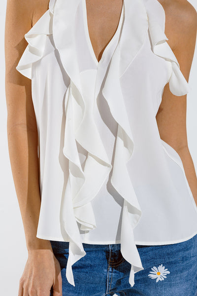 Sleeveless White Top with Ruffled Details and High Neck