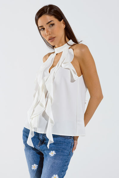 Sleeveless White Top with Ruffled Details and High Neck