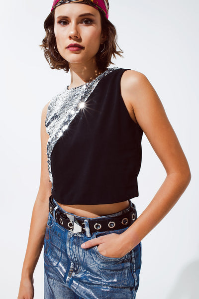 Sleevless Croptop With Diagonal Silver Sequin Detail in Black