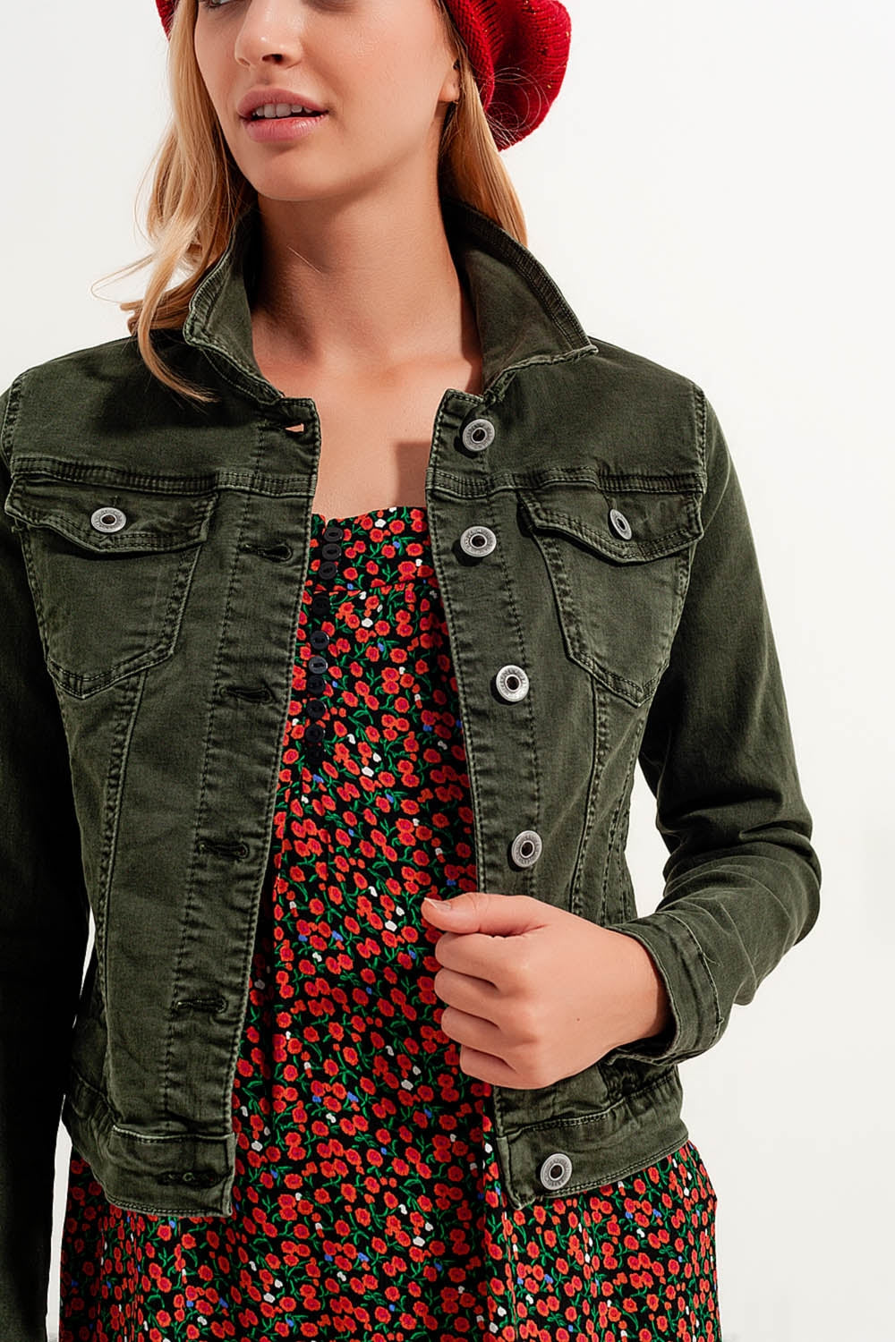 Slim denim trucker jacket in green