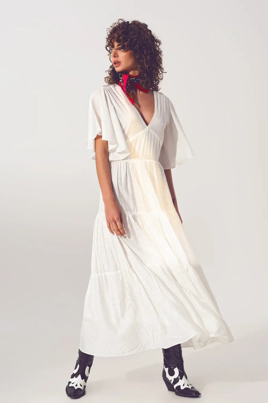 Q2 Smock V Neck Maxi Dress in White