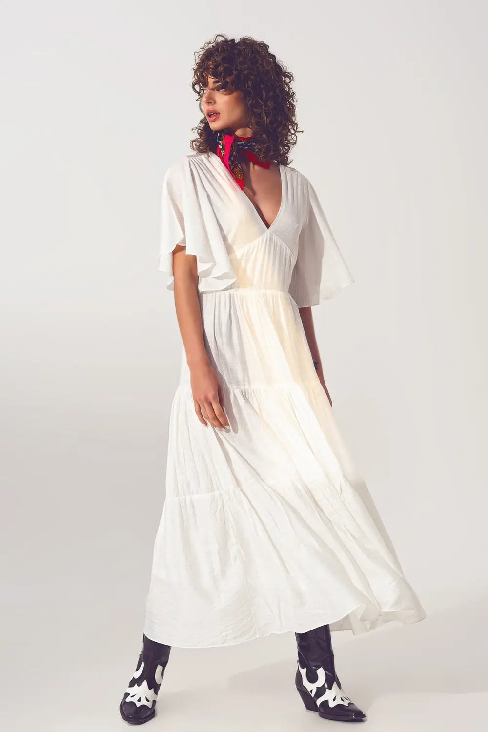 Q2 Smock V Neck Maxi Dress in White