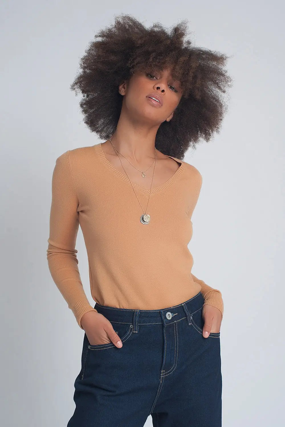 Soft basic sweater with camel v-neck - Sweaters