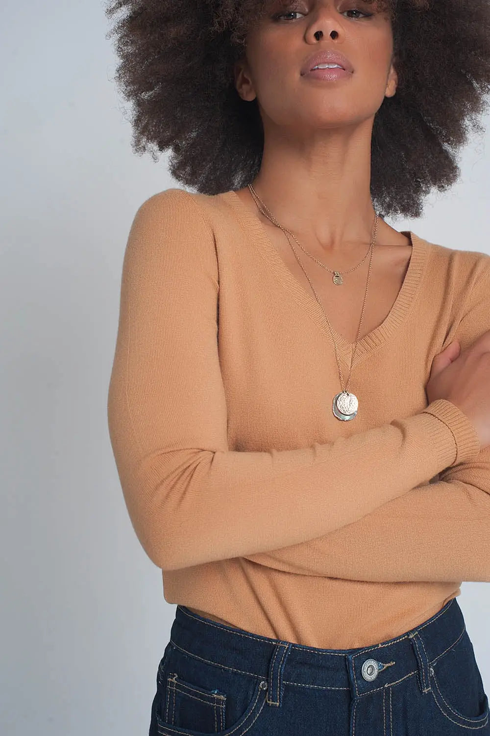 Soft basic sweater with camel v-neck - Sweaters