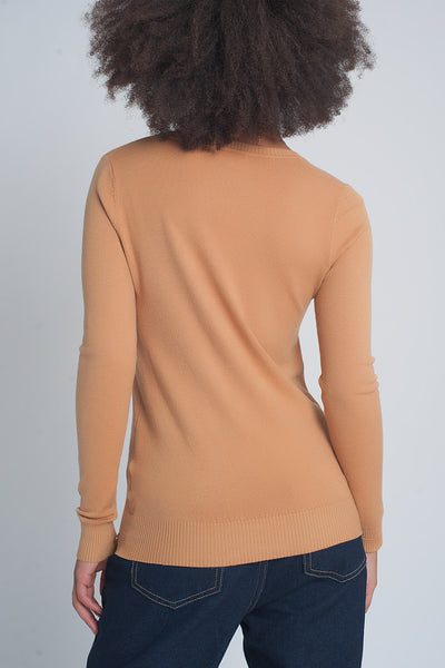 Soft basic sweater with camel v-neck