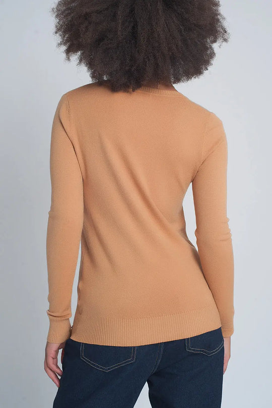 Soft basic sweater with camel v-neck - Sweaters