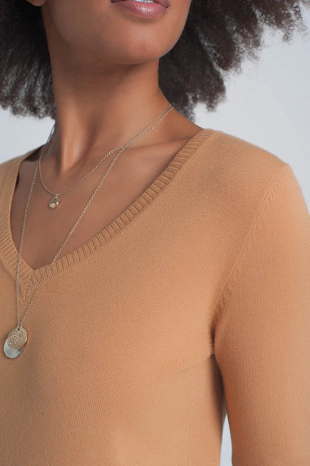 Soft basic sweater with camel v-neck - Sweaters