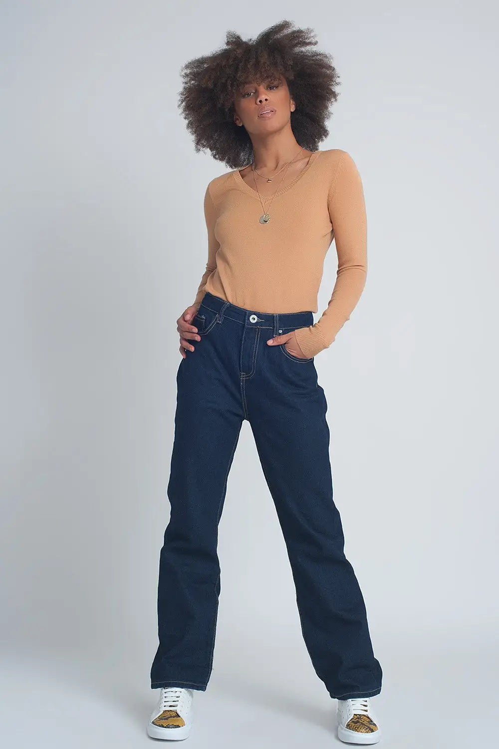 Soft basic sweater with camel v-neck - Sweaters