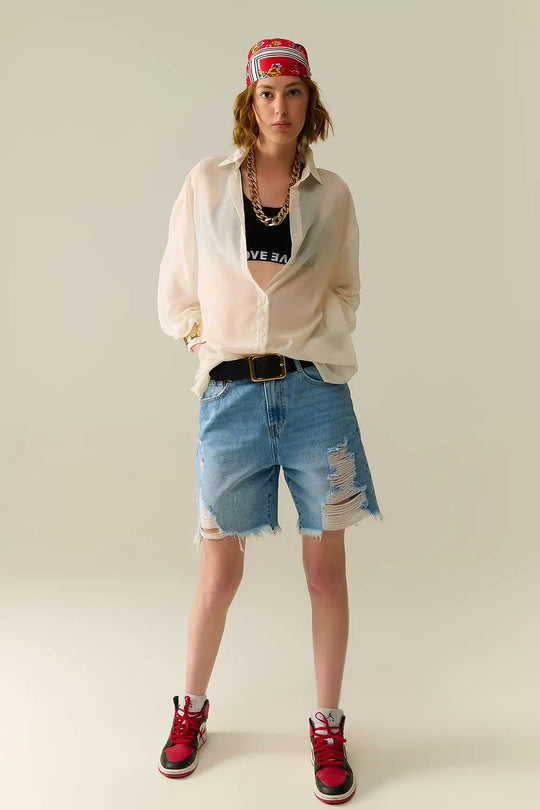 Soft beige chiffon blouse with glitter detail - Shirts