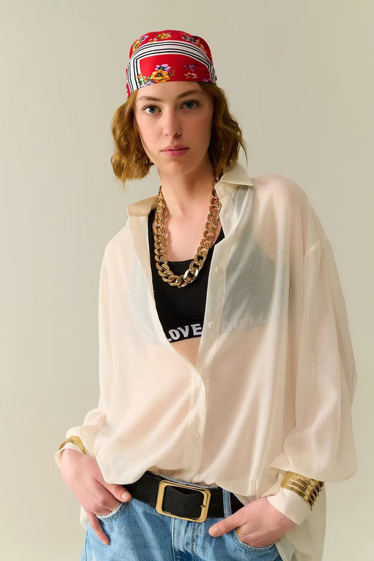Soft beige chiffon blouse with glitter detail - Shirts