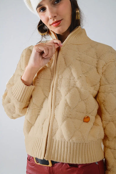 Soft chunky knit bomber jacket in camel color - One Size / Brown - Coats and Jackets