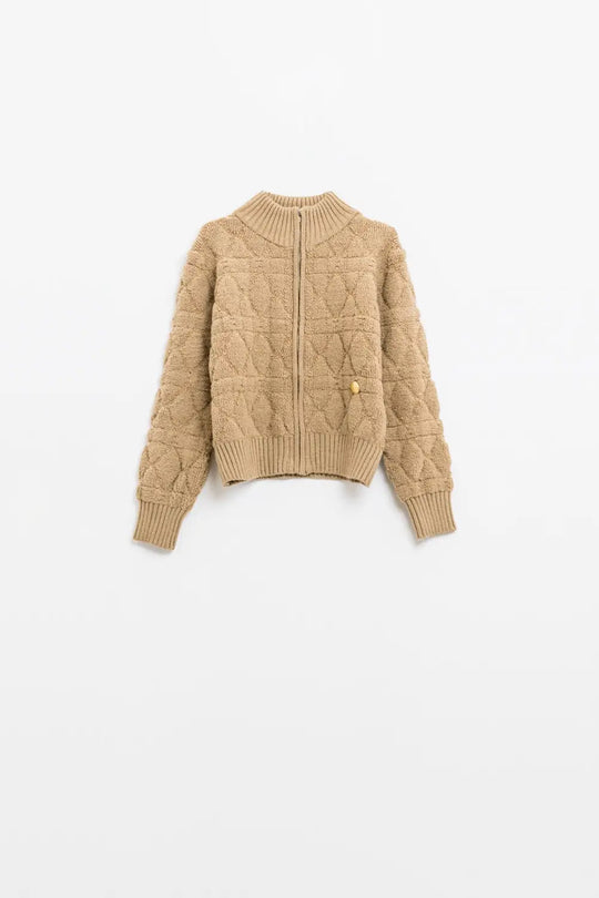 Soft chunky knit bomber jacket in camel color - One Size / Brown - Coats and Jackets