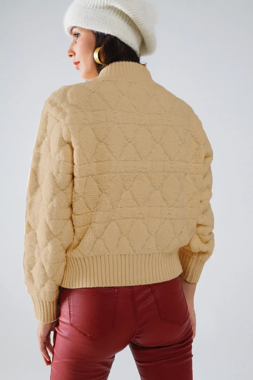 Soft chunky knit bomber jacket in camel color - One Size / Brown - Coats and Jackets