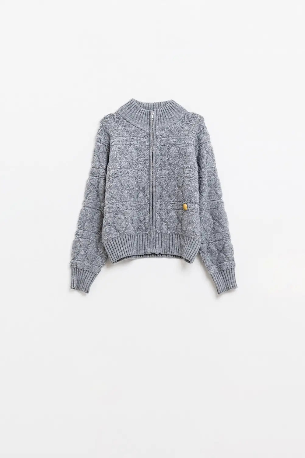 Q2 Soft chunky knit bomber jacket in grey color