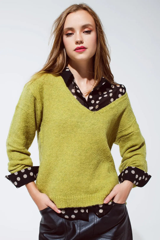 Soft green jumper with V Neck - One Size / Green - Sweaters