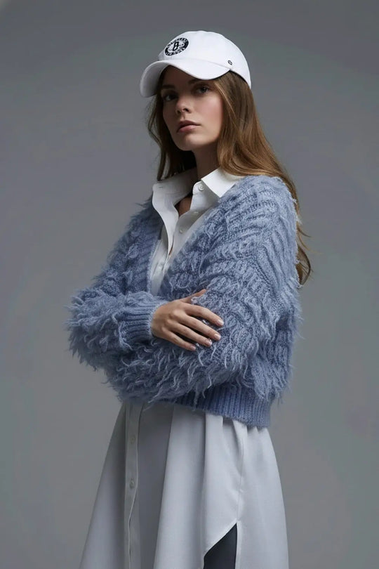 Soft knit cardigan in a chunky shag style in blue - One Size / Blue - Coats and Jackets