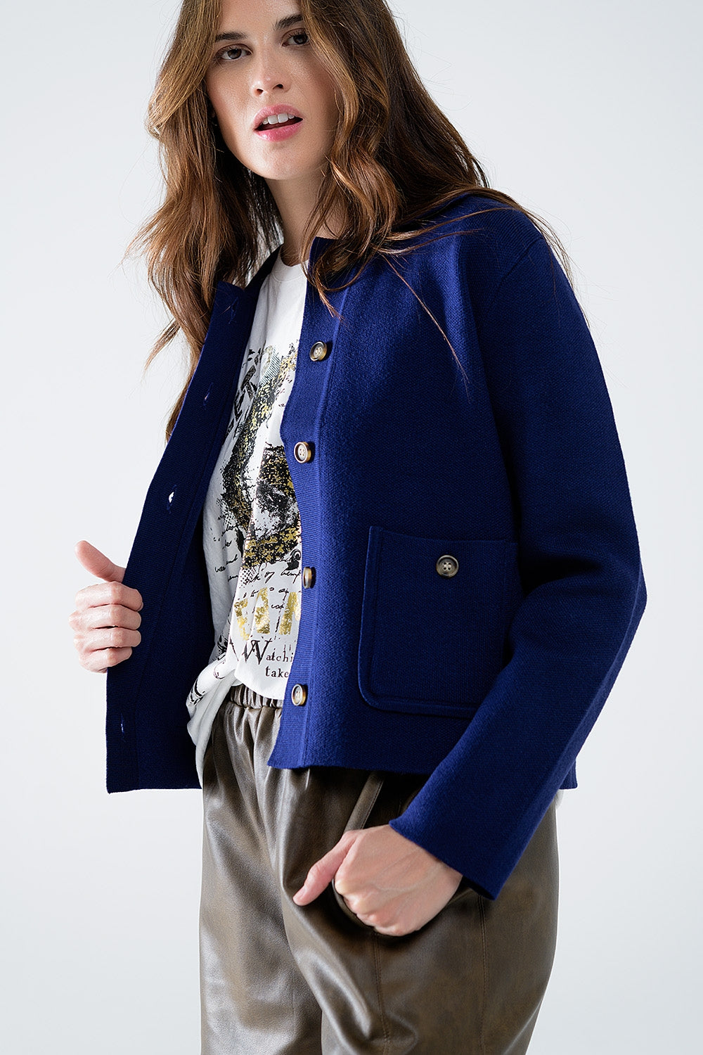 Q2 Soft knit cardigan in ink blue with front pockets