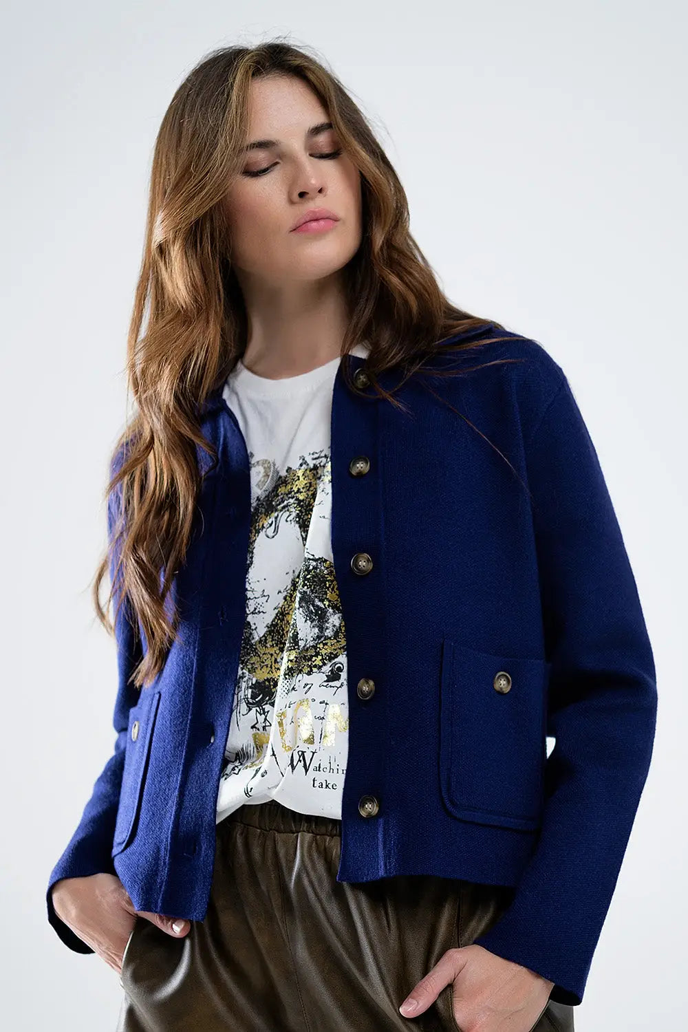 Soft knit cardigan in ink blue with front pockets - Sweaters