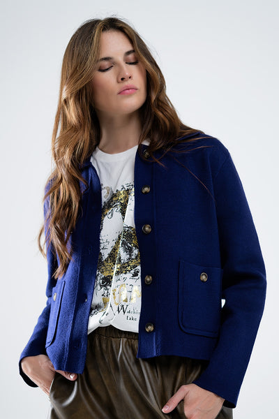 Soft knit cardigan in ink blue with front pockets