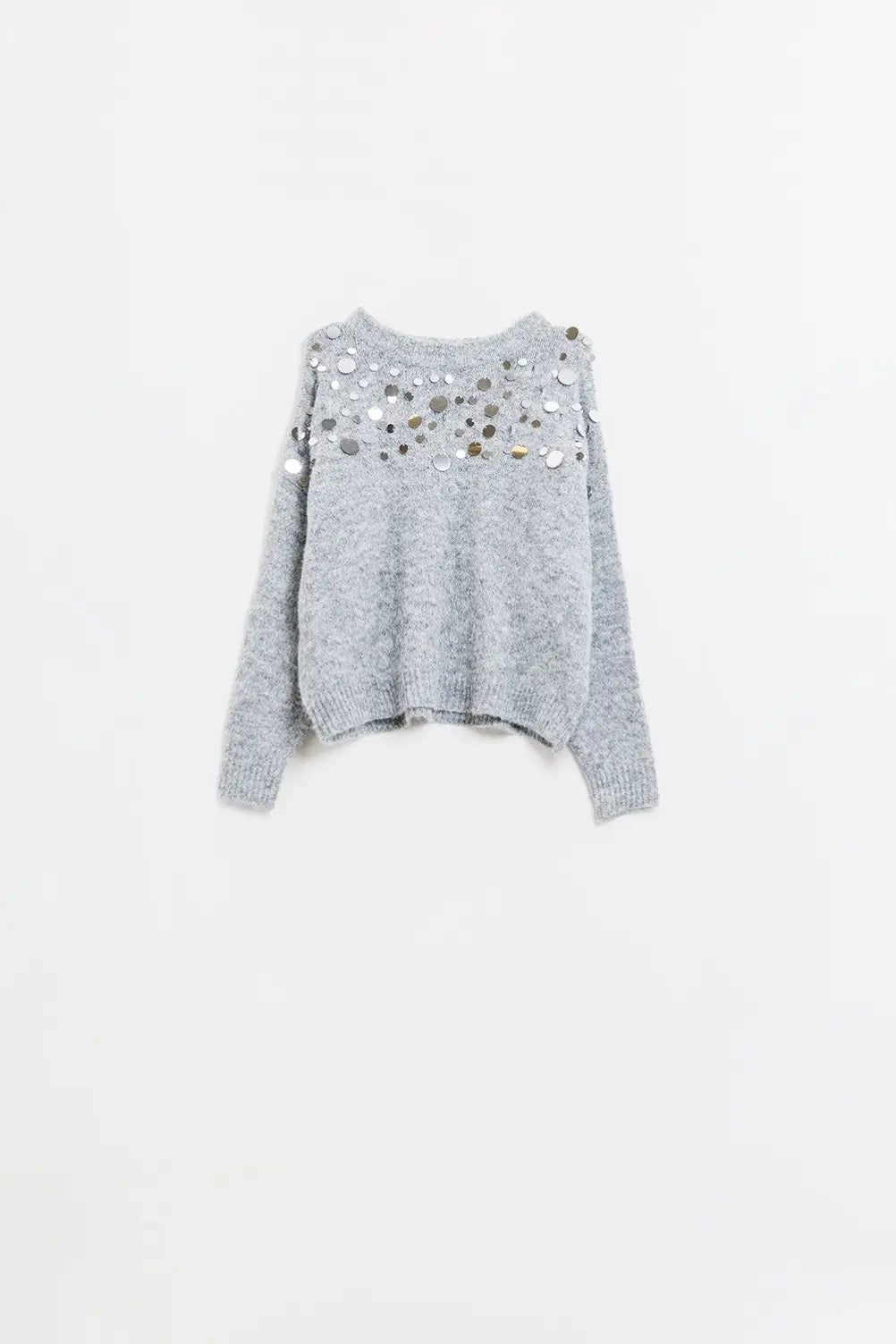 Q2 Soft knit grey sweater with large sequin detail