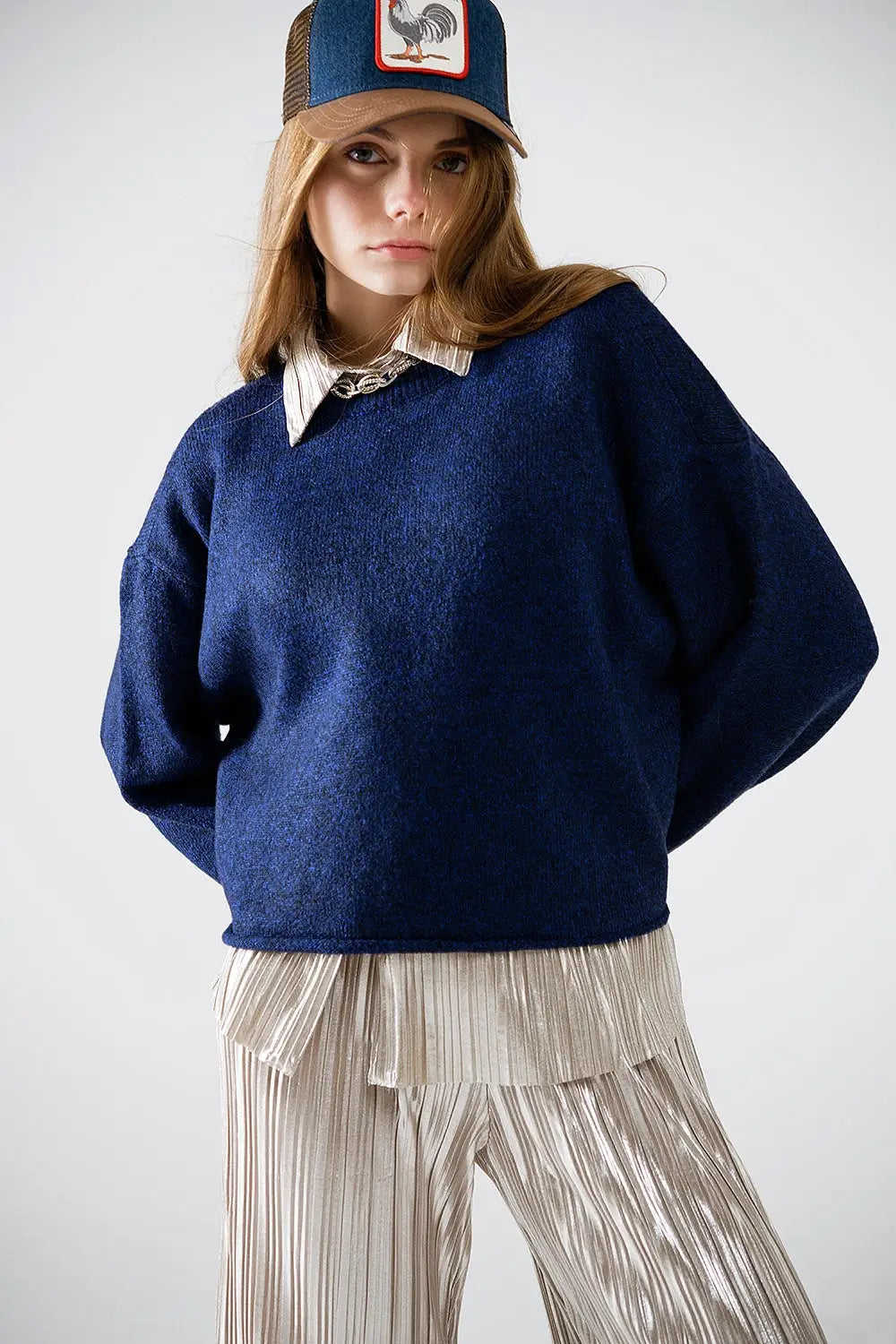 Soft knit navy jumper with balloon sleeves - One Size / Blue - Sweaters