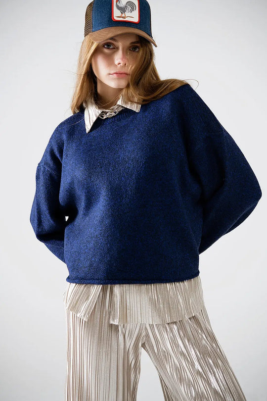Soft knit navy jumper with balloon sleeves - One Size / Blue - Sweaters