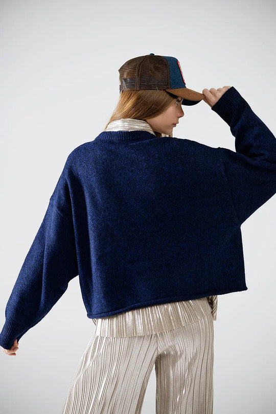 Soft knit navy jumper with balloon sleeves - One Size / Blue - Sweaters