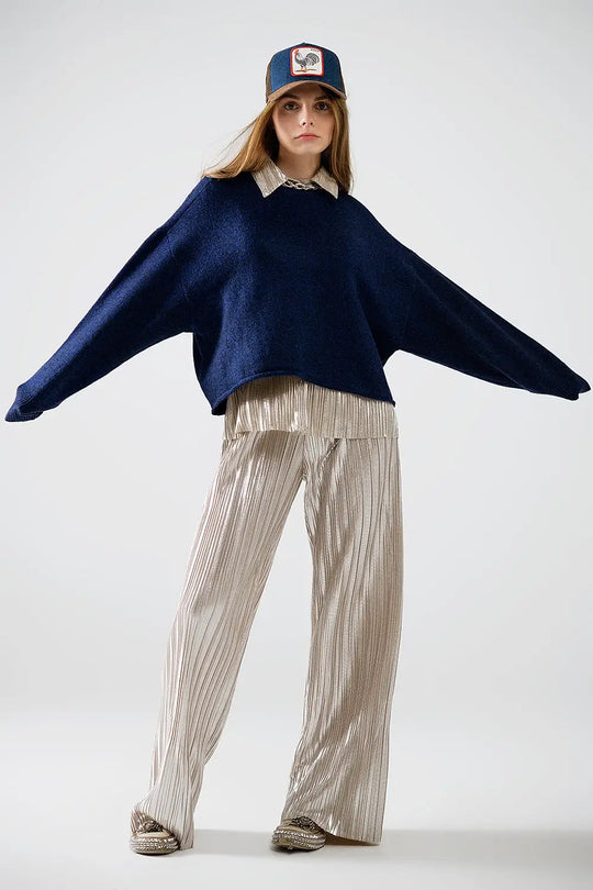 Soft knit navy jumper with balloon sleeves - One Size / Blue - Sweaters
