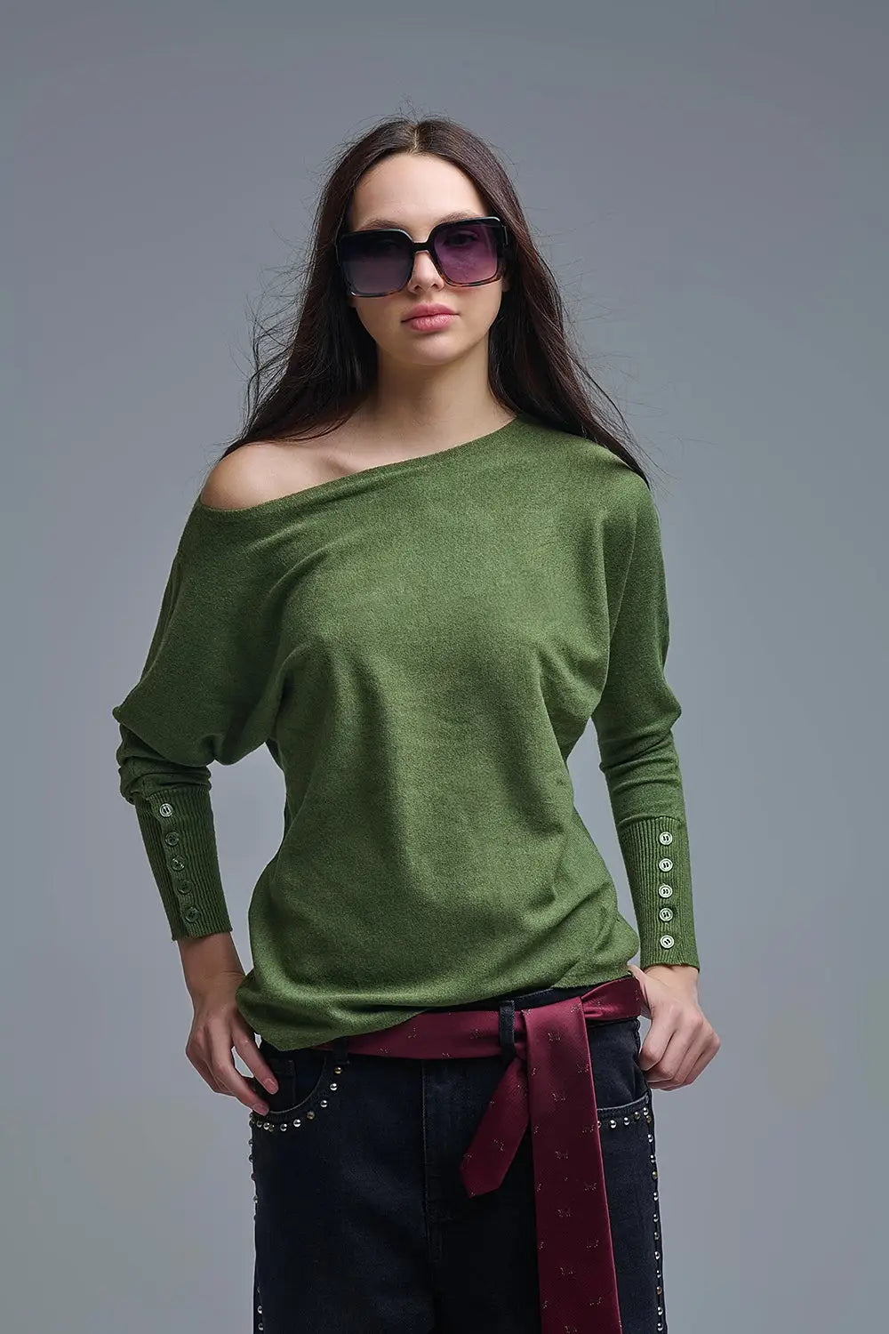 Soft knit olive green Sweater with sleeve button details - One Size / Green
