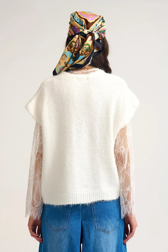 Soft Knit Sleeveless Cardigan Vest with Lace Trim - One Size / White - Sweaters