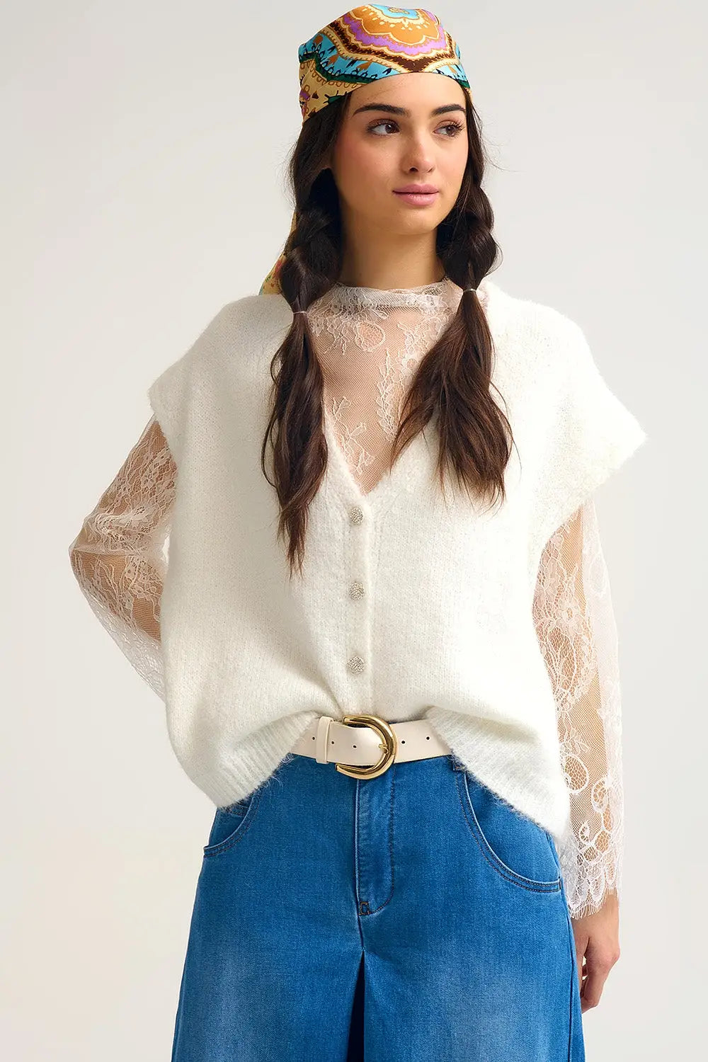 Soft Knit Sleeveless Cardigan Vest with Lace Trim - One Size / White - Sweaters