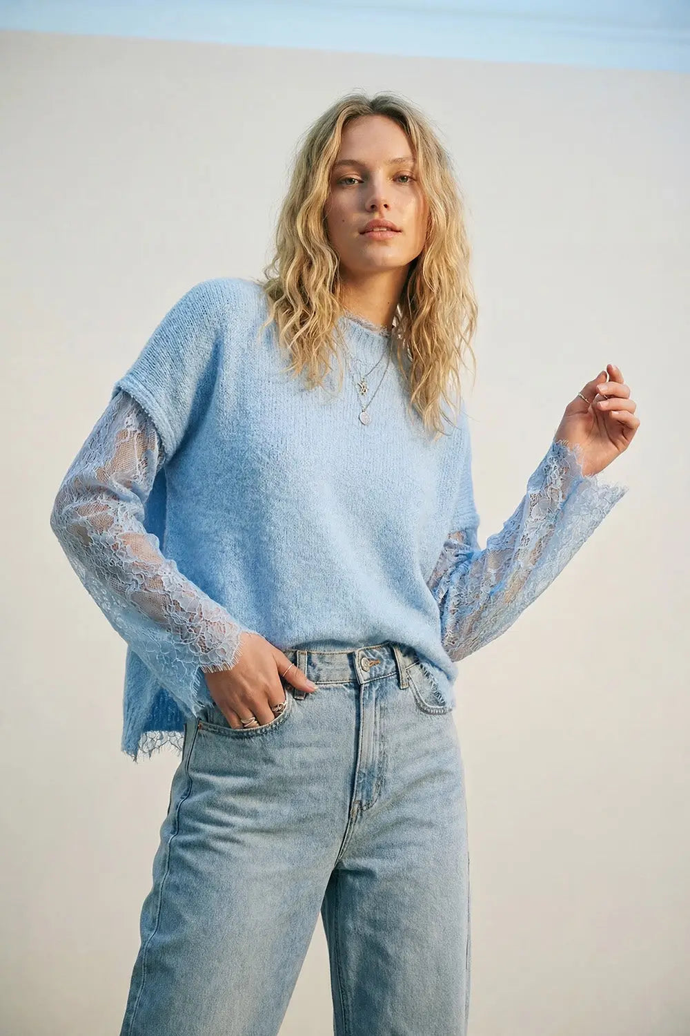Soft Knit Sleeveless sweater with lace lining in blue color - One Size / Blue - Sweaters