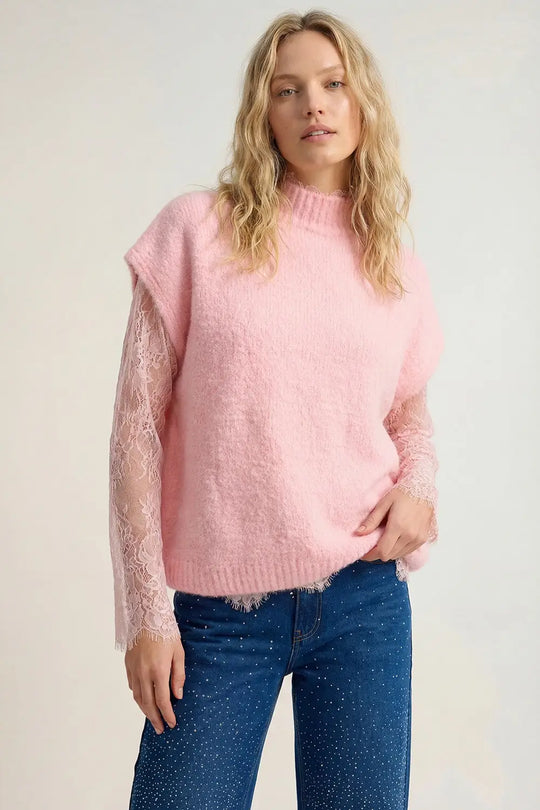 Q2 Soft Knit Sleeveless sweater with lace lining in pink color