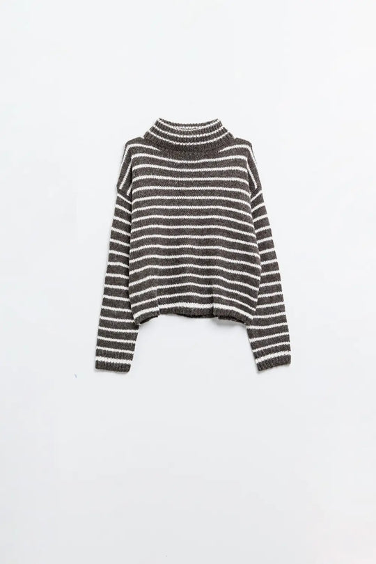 soft knit striped turtleneck sweater in brown - Sweaters