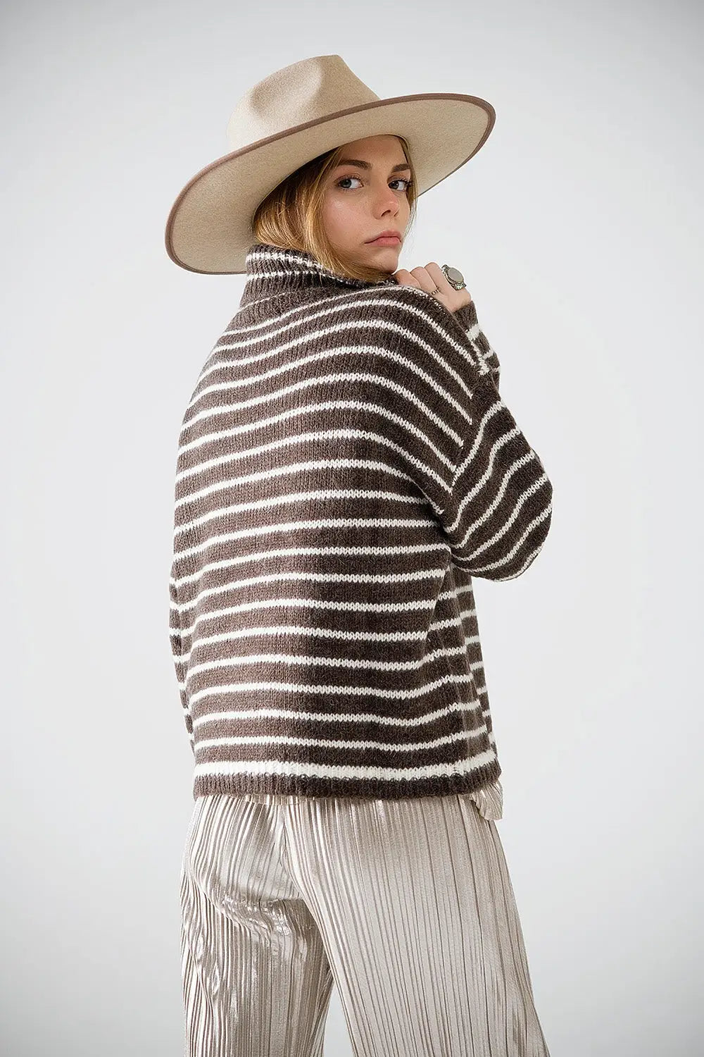 soft knit striped turtleneck sweater in brown - Sweaters