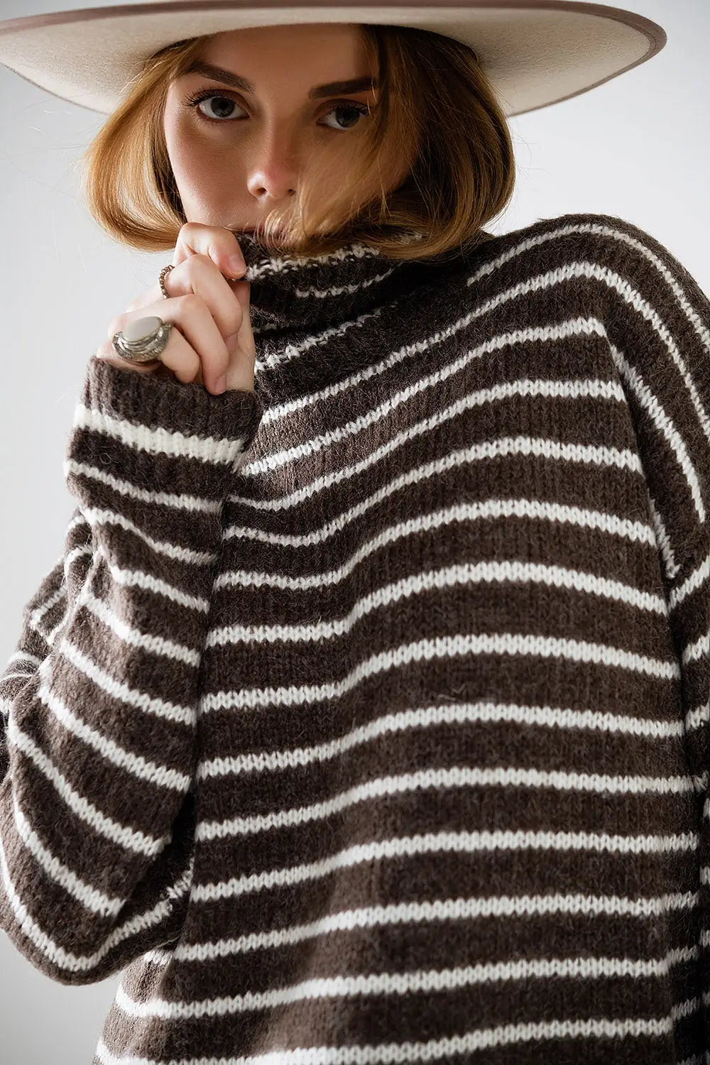 soft knit striped turtleneck sweater in brown - Sweaters