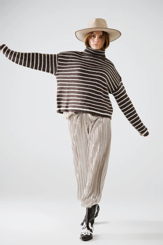 soft knit striped turtleneck sweater in brown - Sweaters