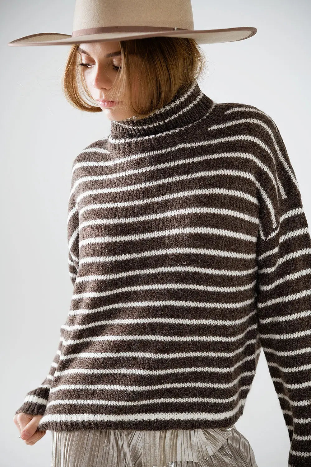 soft knit striped turtleneck sweater in brown - Sweaters