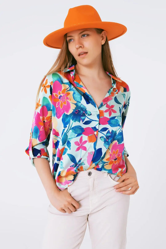 soft satin blouse with flower print - Shirts