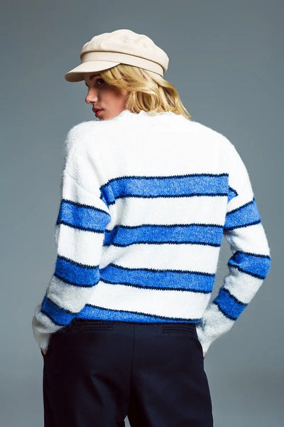 Soft white sweater with blue stripes - One Size / Blue - Sweaters