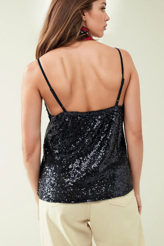 Navy Sequin Top With Deep V-Neckline - Tops