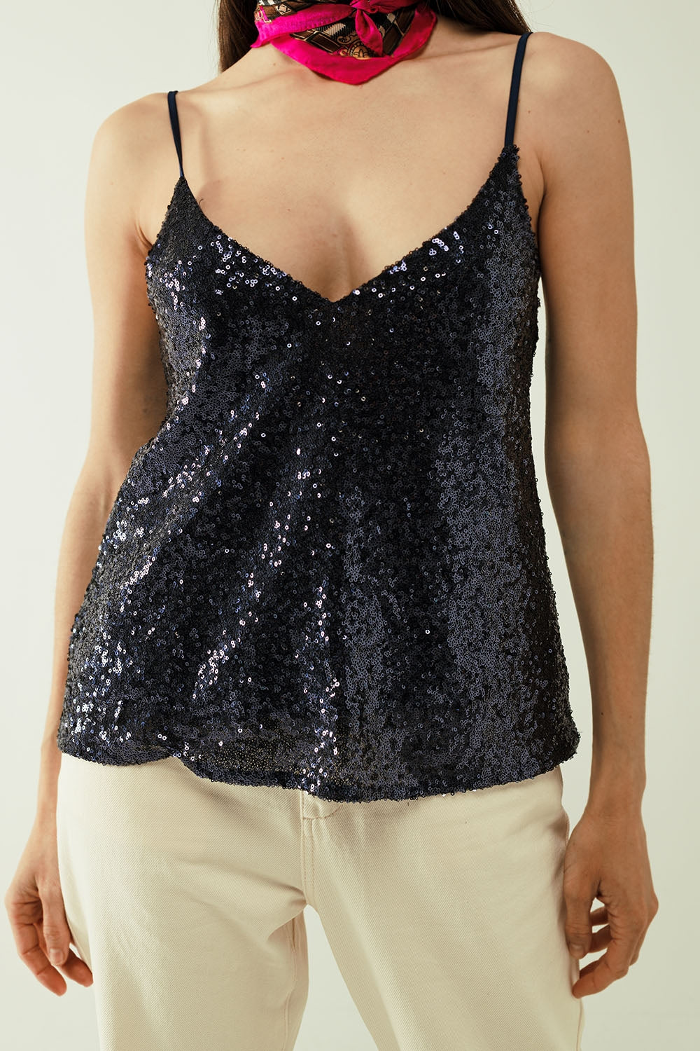 Navy Sequin Top With Deep V-Neckline