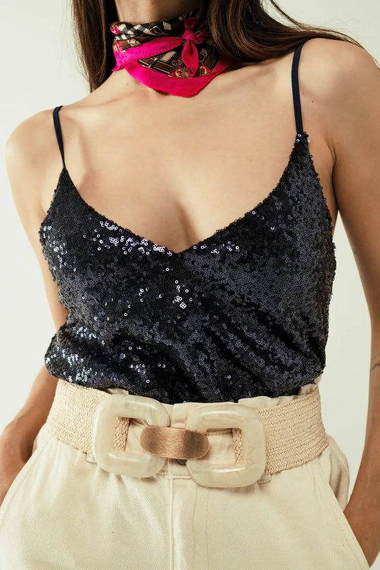 Navy Sequin Top With Deep V-Neckline - Tops