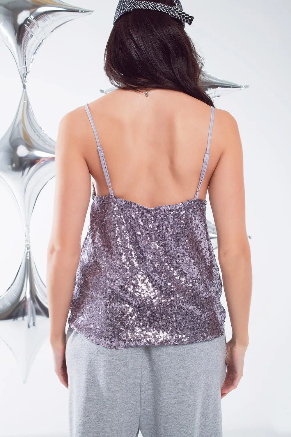Spaguetti Strap Top With Deep V-Neckline In Silver Sequins - Tops