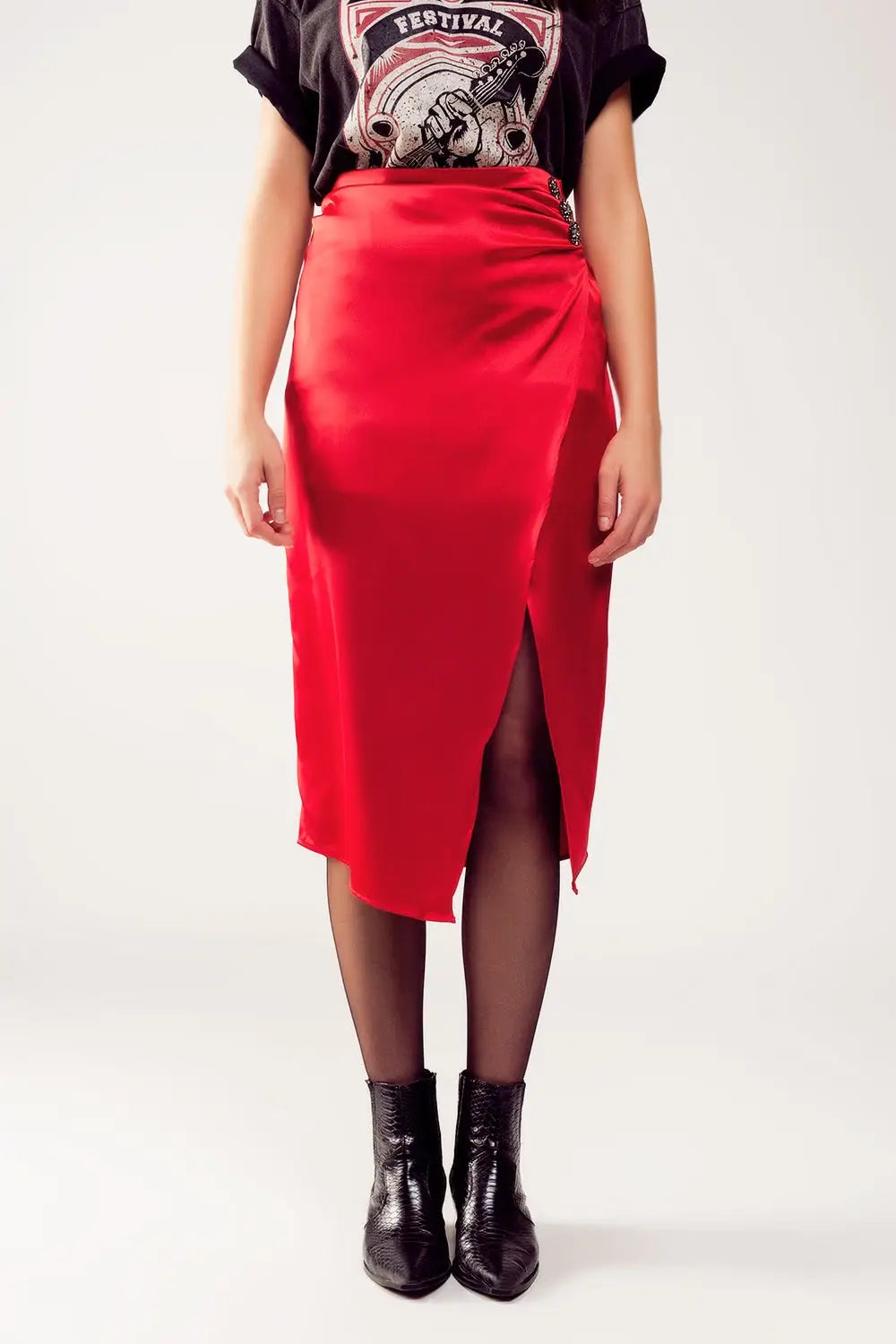 Split front midi skirt in red - Skirts