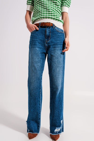 Split hem jeans in medium denim