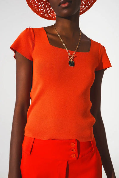square neck puff sleeve sweater in orange - Sweaters